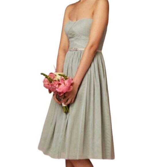 Anthro BHLDN Hitherto Sage Green Cordelia Strapless Fit and Flare Chiffon Dress - Picture 3 of 8